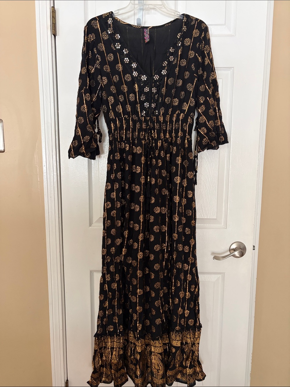 Black Maxi Dress with Gold Paisley Print